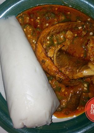A picture of Okro soup and Agidi (Corn Jellos).