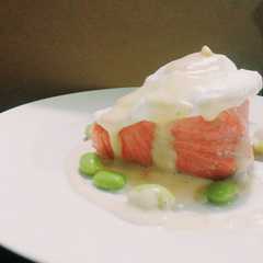 A picture of Confit Salmon with Poached Egg & Cream Cheese Sauce.