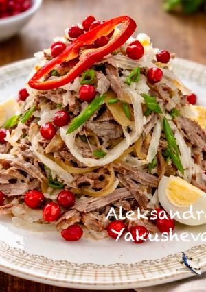 A picture of Salad with boiled beef and radish.