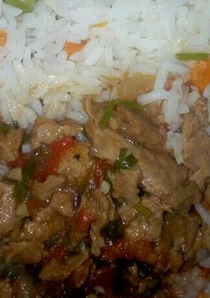 A picture of Sossi Stew with Rice.
