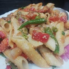 A picture of Penne with roasted vegetables and Mayonnaise.
