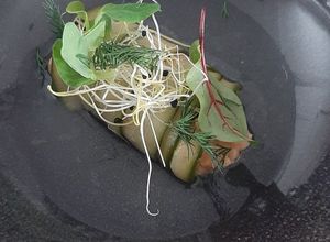 Zdjęcie przepisu Ceviche z łososia, bulion rybny, olej z kolendry.