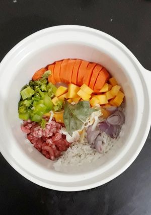 Foto resep MPASI 7 Bulan Butternut Pumpkin, Brokoli, Wortel, Daging Cincang
