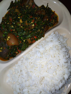 A picture of VEGETABLES SAUCE/WHITE RICE. #Abujamegacookout#.