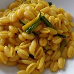 Gnocchetti sardi con zucchine, pecorino sardo e zafferano A picture of Gnocchetti sardi con zucchine, pecorino sardo e zafferano.