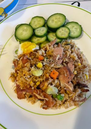 A picture of Mixed Fried Rice with Ham and Rotisserie Chicken.