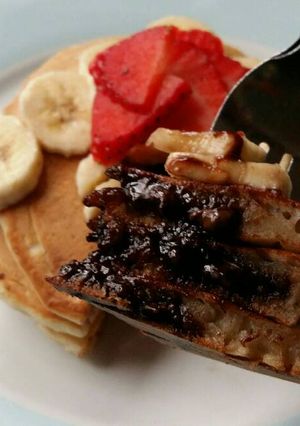 A picture of Vickys Chocolate Stuffed Pancakes, GF DF EF SF NF.