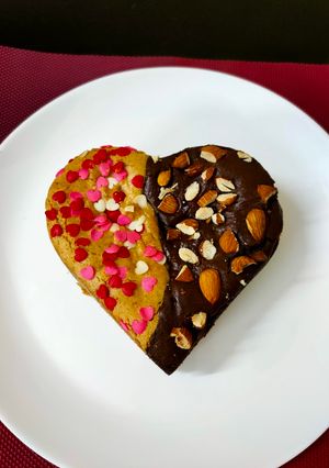 A picture of Valentine's special Vanilla-Chocolate Duo Cake (eggless) #heart.