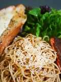 Spaghettini Aglio e Olio with Pan Seared Salmon & Garlic Bread