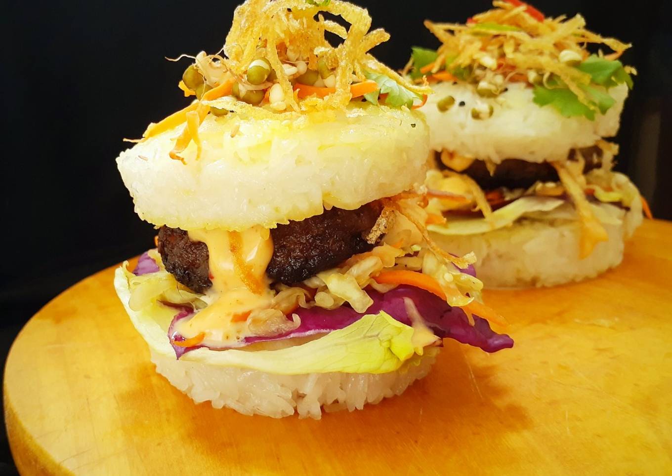 Japanise Sushi Burger with Mutton Kebab and Kimchi Salad