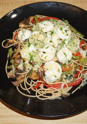 A picture of Whole Wheat Fettuccine with Garlic Shrimp and Vegetables.