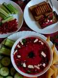 Roasted beetroot and garlic hummus with olive oil toasted bread