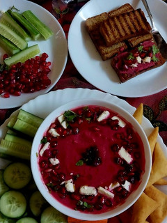 A picture of Roasted beetroot and garlic hummus with olive oil toasted bread.