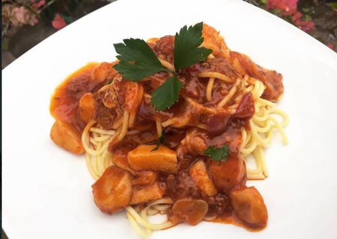 Standar Resep membuat Spagetty sosis baso ayam saus bolognese yang spesial