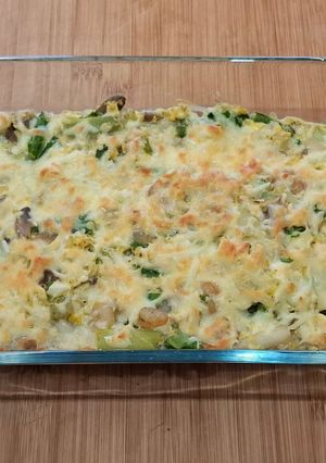 Una foto de Pastel de gambas, ajetes y espárragos fit