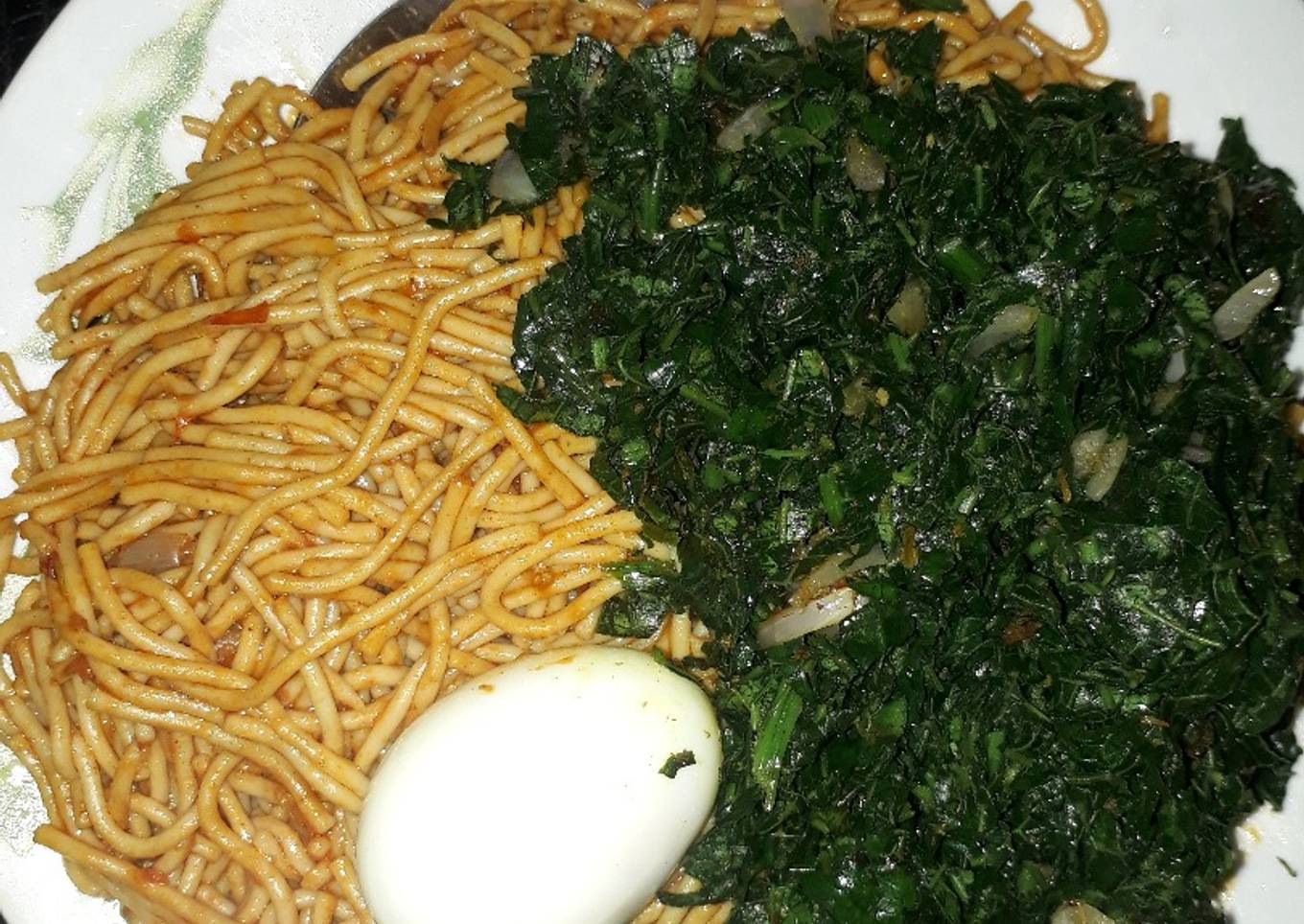 Spaghetti with egg and vegetable(ugu)