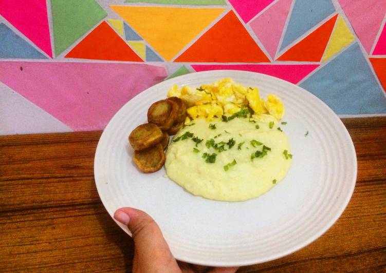 Creamy mashed potato with scrambled egg and 'bakso koin'