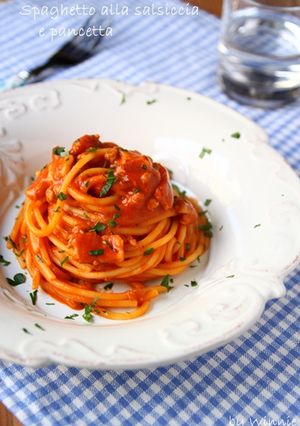 A picture of Sausage and Bacon Tomato Sauce Pasta.