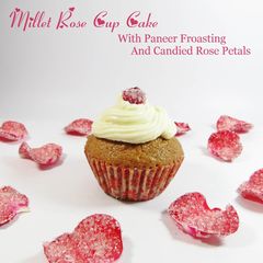 A picture of Millet Rose Cup Cake with Paneer Frosting and Candied Rose Petals.