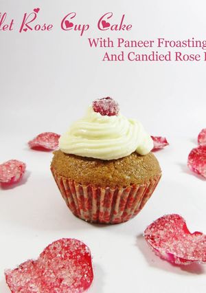 A picture of Millet Rose Cup Cake with Paneer Frosting and Candied Rose Petals.