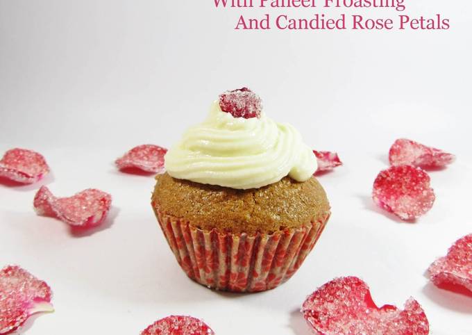 millet rose cup cake with paneer frosting and candied rose petals recipe main photo