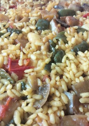 A picture of Paella with Cuttlefish and Seasonal Vegetables.