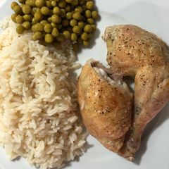 A picture of Roasted British Chicken with Rice.