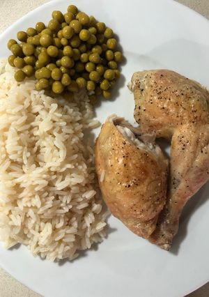 A picture of Roasted British Chicken with Rice.