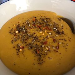 A picture of Squash and red lentil soup - vegan.