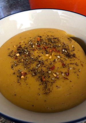 A picture of Squash and red lentil soup - vegan.