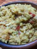 Risotto en caldo de verduras, atún y jardinera