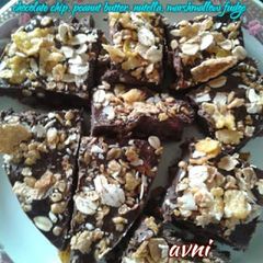 A picture of Chocolate chips, peanut butter, nutella and marshmallow fudge.