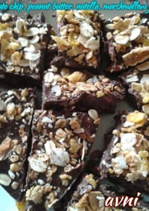 A picture of Chocolate chips, peanut butter, nutella and marshmallow fudge.