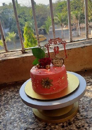 A picture of Valentine day special black forest chocolate cake.