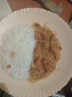 A picture of Fried cabbage and rice.