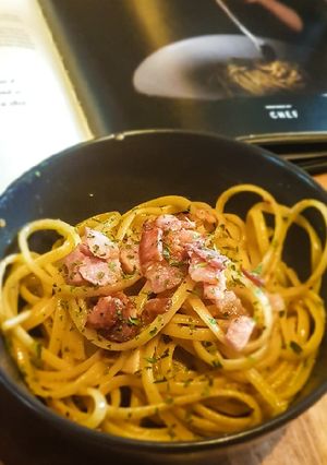 A picture of Aglio e Olio (with Smoked Bacon).