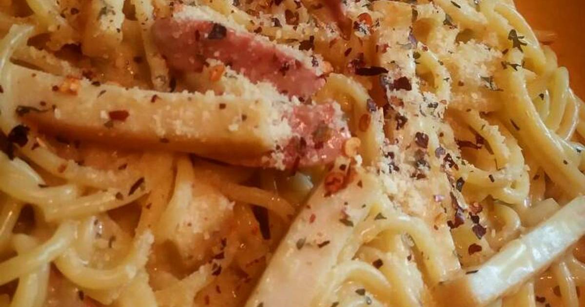 Resep Spaghetti, Fish Cakes & Chicken Franks in Chicken Mushroom Sauce