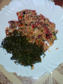 A picture of Fried Eggs and Fried kales.