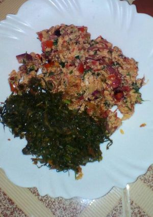 A picture of Fried Eggs and Fried kales.