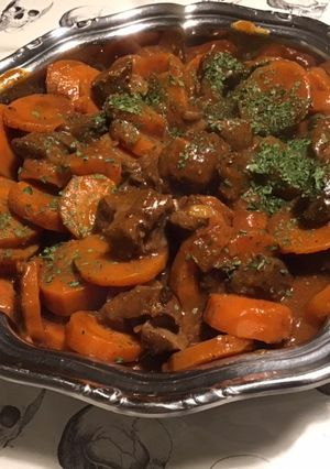 A picture of Venison Stew with Carrots (Marinated in Wine, Armagnac, and Herbs).