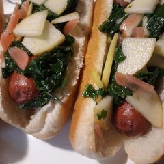 A picture of Hotdogs with Mustard Green, Apple Slaw.