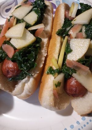 A picture of Hotdogs with Mustard Green, Apple Slaw.