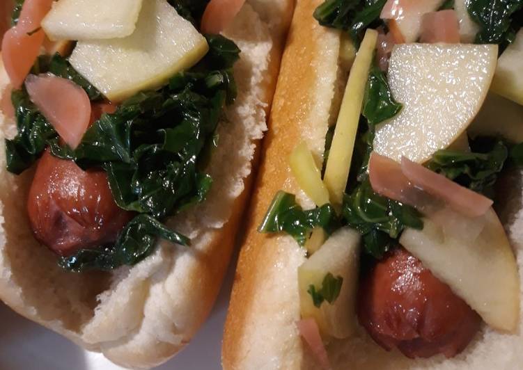 Hotdogs with Mustard Green, Apple Slaw