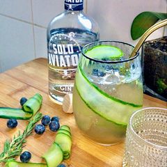 A picture of Gin with blueberry & cucumber syrup cocktail.