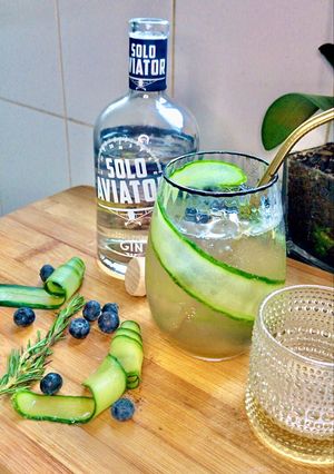 A picture of Gin with blueberry & cucumber syrup cocktail.