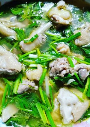 Hình của món Gà tre hấp tỏi, lá quế, hành lá 🐥.