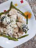Asperge verte au escalope de dinde et œufs de caille