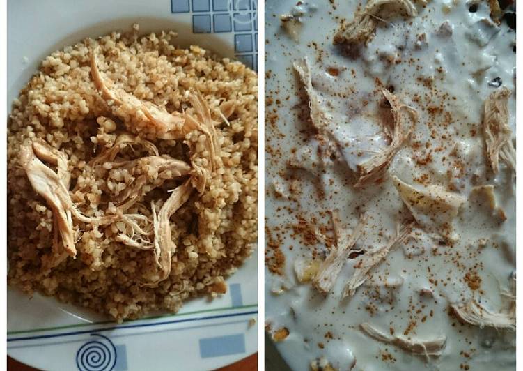برغل على دجاج + فتة خبز ولبن