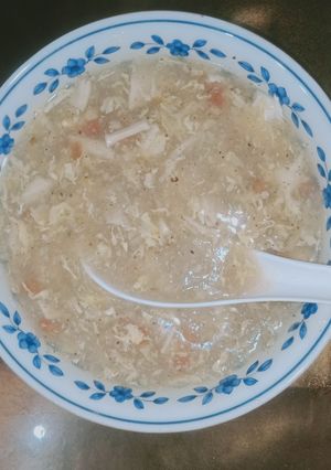 A picture of Chicken corn Vegatable soup.