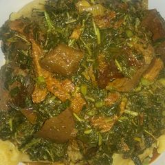 A picture of Boiled Plantain and Vegetable sauce.